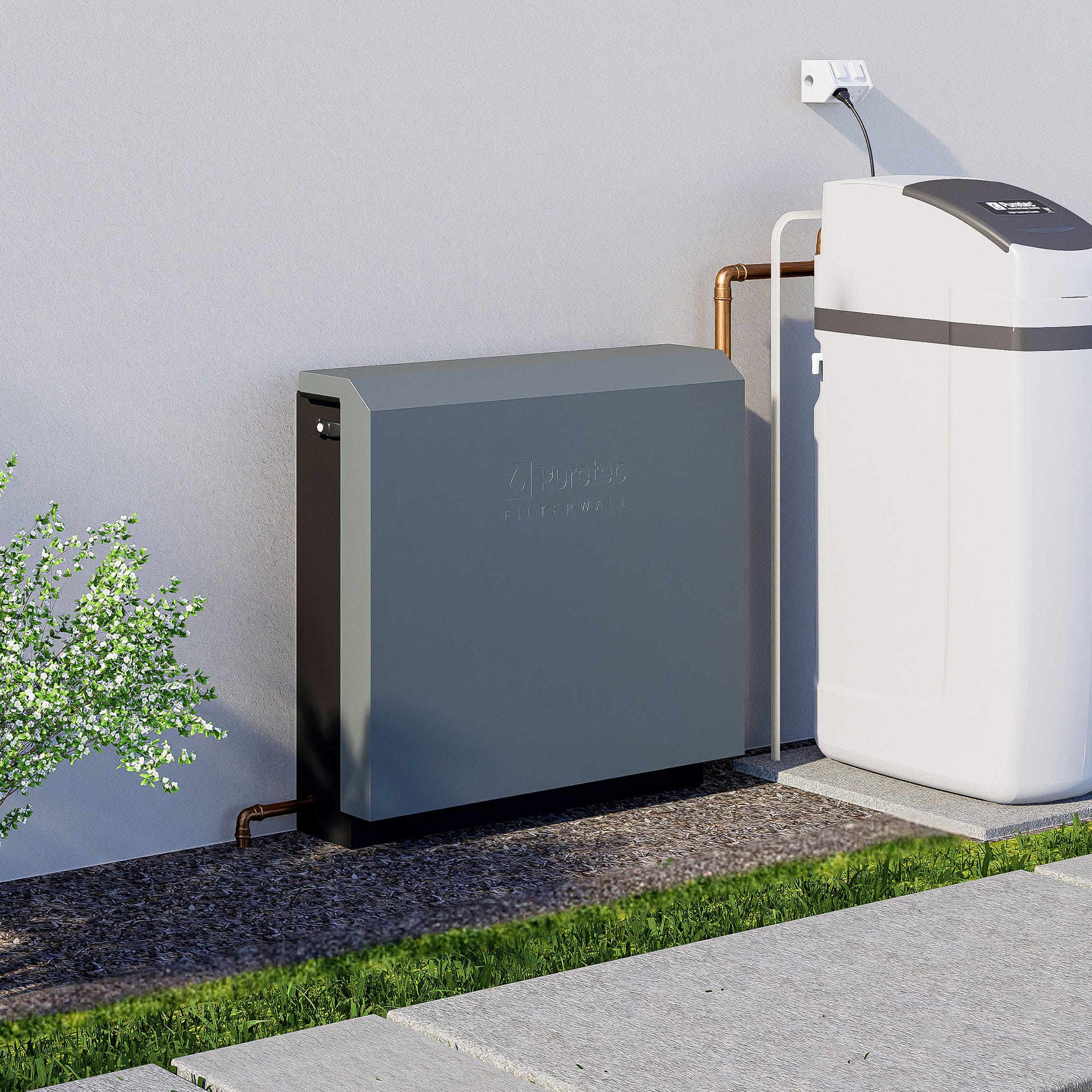 The filterwall f5-mg wall mounted water filtration is designed for whole house filtration applications. Installed on an outdoor wall, it features a sleek black finish, ensuring high performance and reliability.
