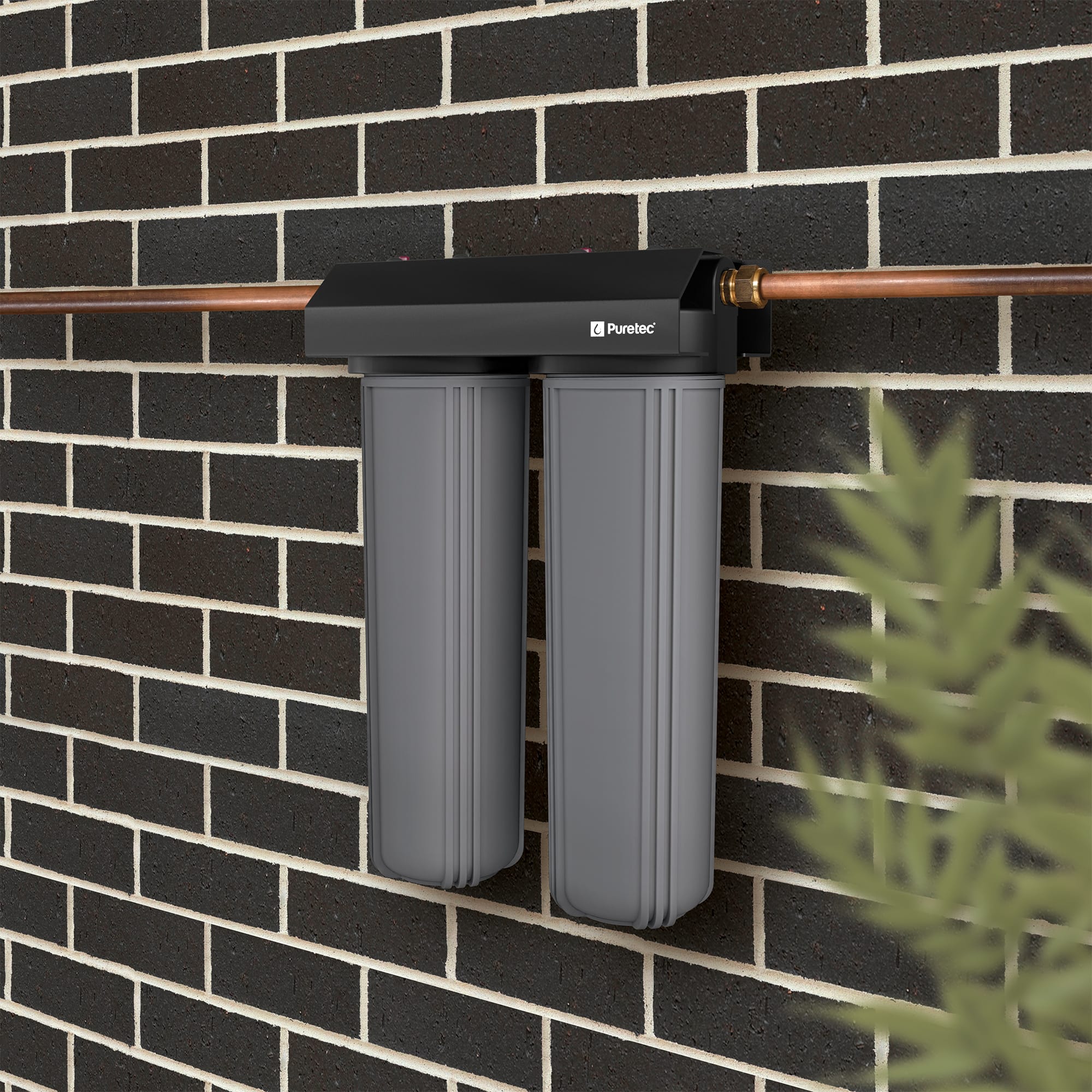 Puretec wh2-55 whole house water filtration system installed on an outdoor brick wall. Designed for comprehensive home water purification, providing clean water for perth households.