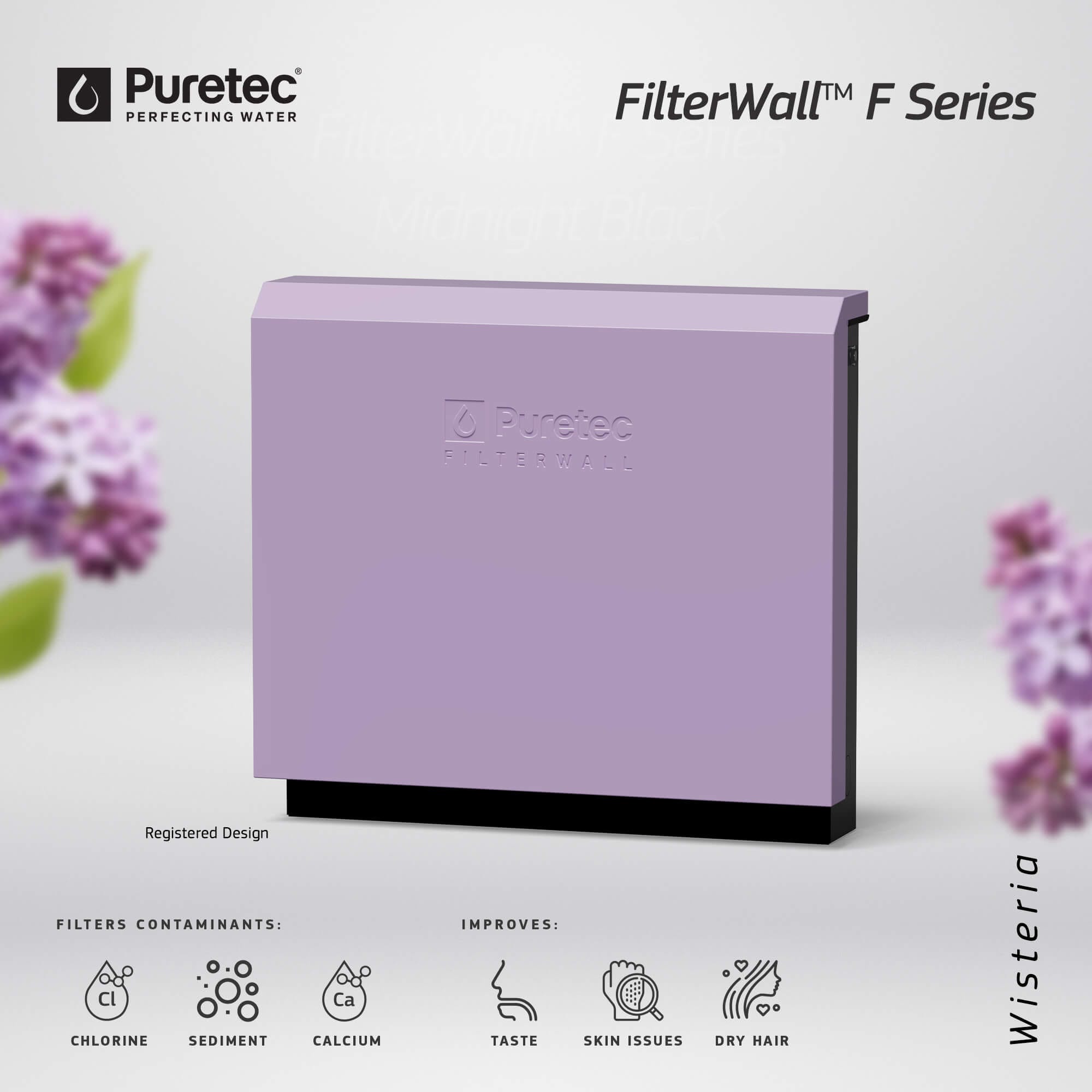 Puretec filterwall f series water filtration unit in wisteria, filters chlorine, sediment, calcium and improves taste, skin issues and dry hair.