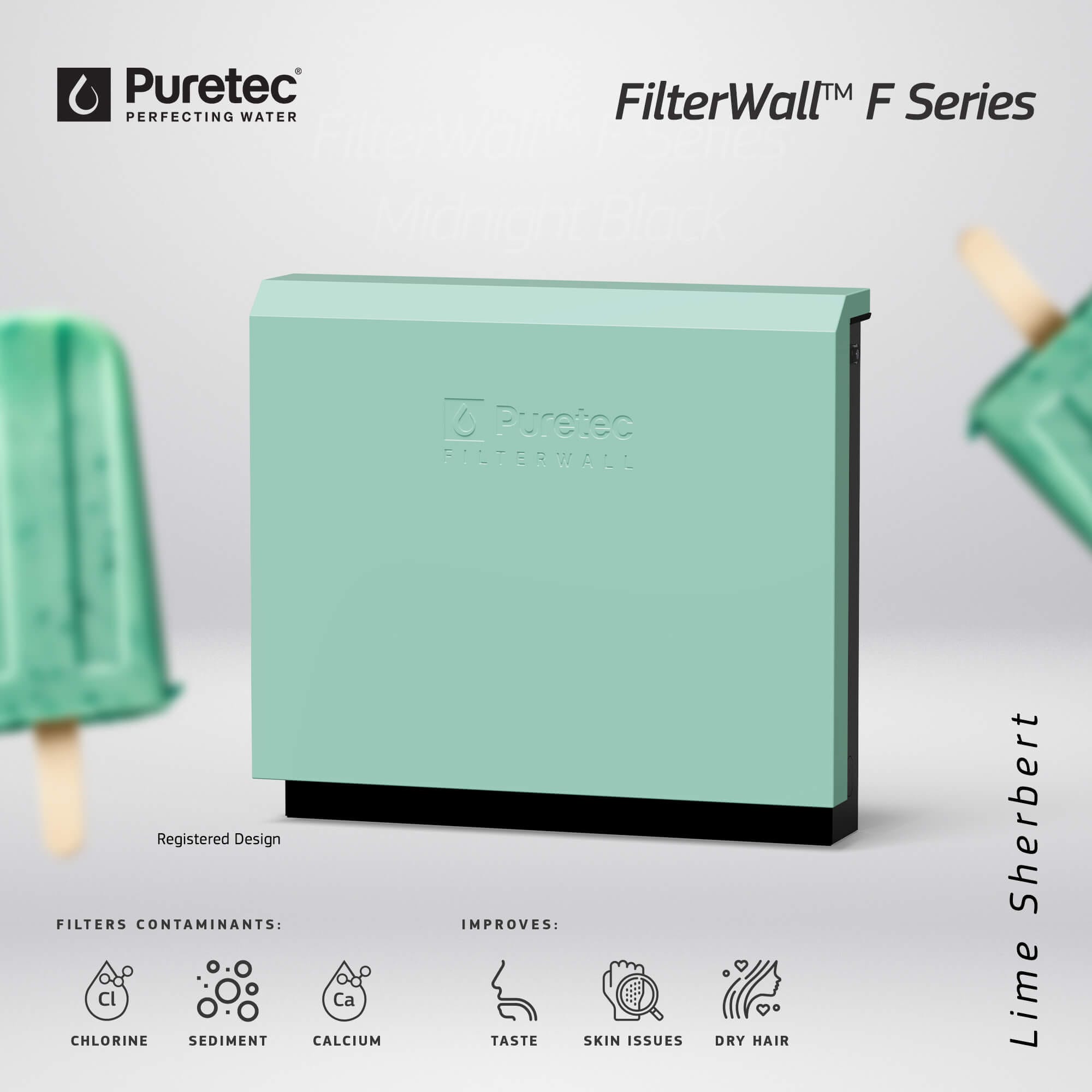 Puretec filterwall f series water filtration unit in lime sherbert, filters chlorine, sediment, calcium and improves taste, skin issues and dry hair.
